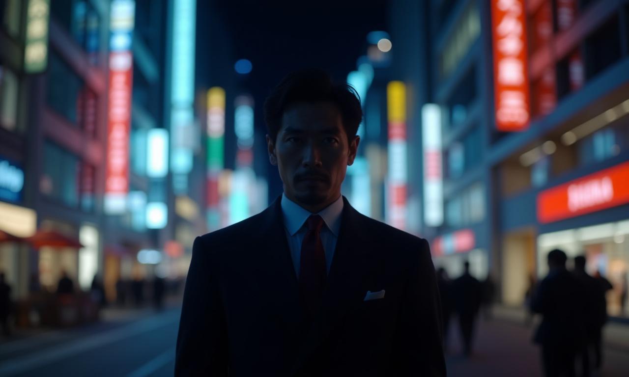 夜の銀座の街並みに佇む洗練された男性